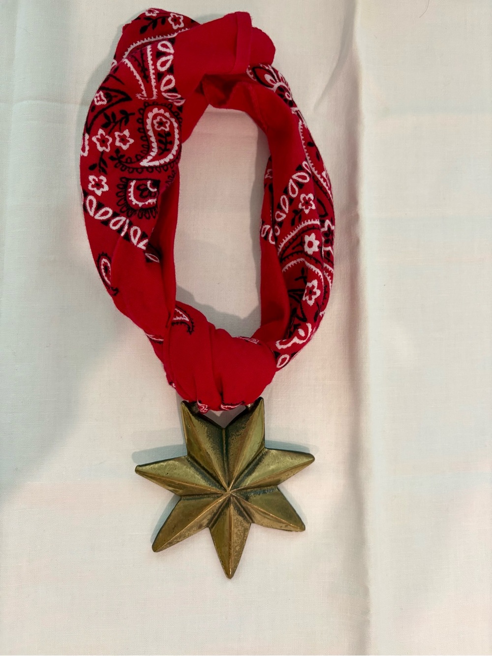 Red Bandana Necklace with Vintage Brass Star medallion